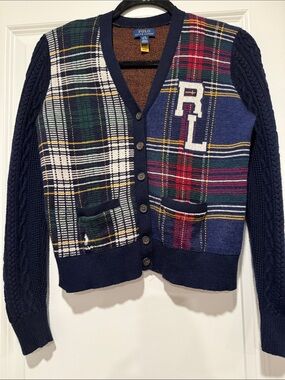 Polo by Ralph Lauren Navy Multi Plaid Cable Knit Cardigan